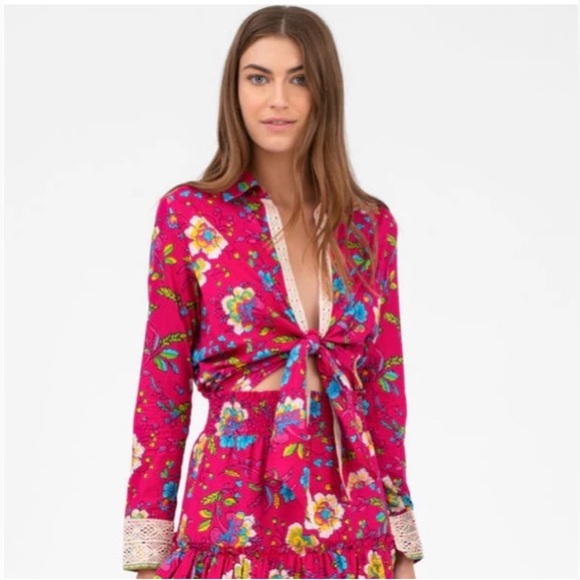Revolve Pitusa Collared Tie Shirt Size in Fuchsia Floral Print (Size III-L) - Picture 3 of 14